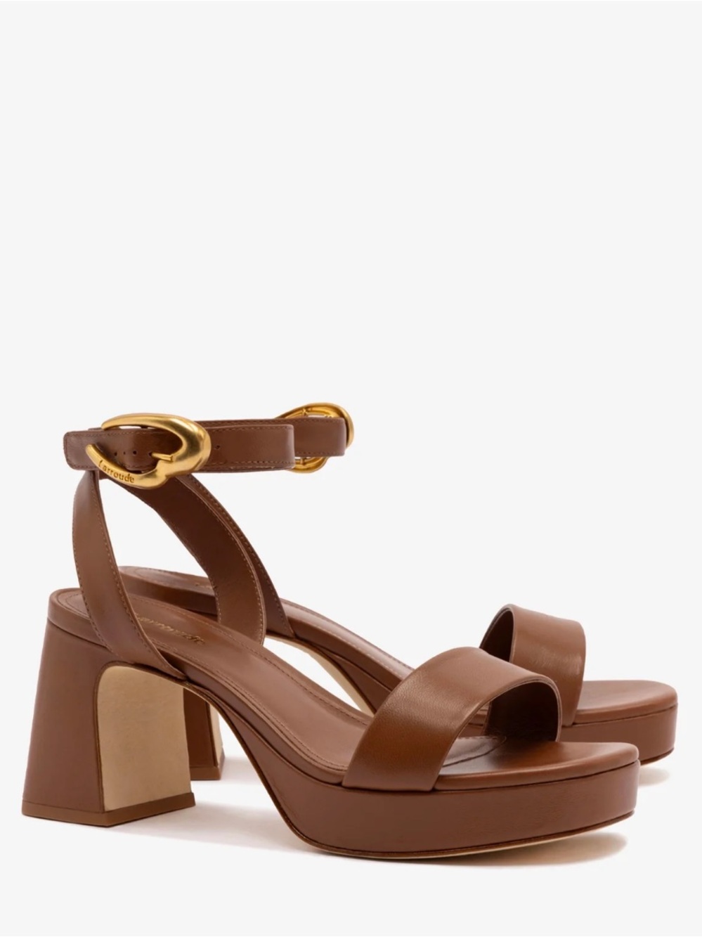 Larroude Brown Leather Ankle Strap Platform Sandals with Gold Buckle